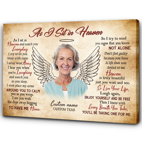 As I Sit in Heaven Memorial Canvas, Personalized Sympathy Gift for Loss of Father Mother NXM178