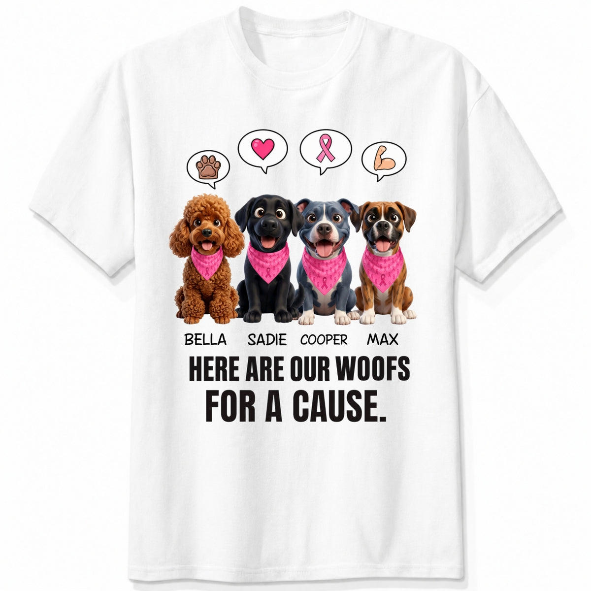 Custom Dogs Breast Cancer Awareness T-Shirt, Here Are Our Woofs For A Cause Personalized Pet Shirt FSDM62