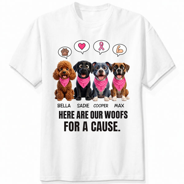 Custom Dogs Breast Cancer Awareness T-Shirt, Here Are Our Woofs For A Cause Personalized Pet Shirt FSDM62