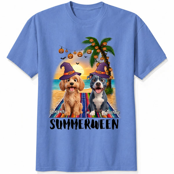 Custom Dogs Summerween Beach Shirt, Summer and Halloween Funny Dogs In Witch Hats T-shirt FSDM57
