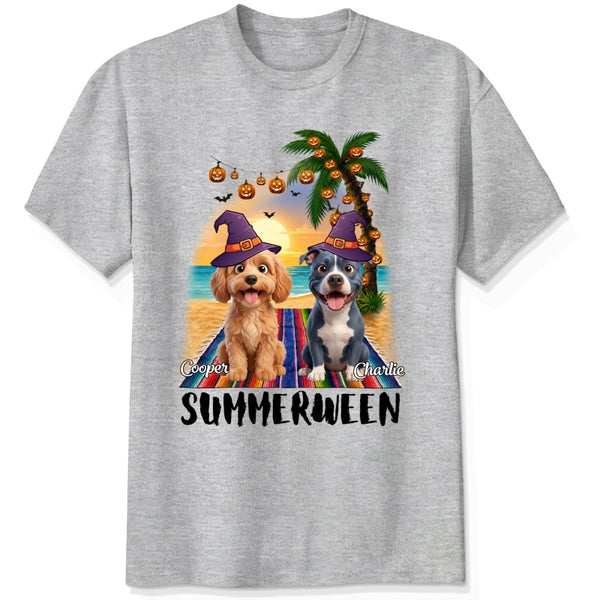 Custom Dogs Summerween Beach Shirt, Summer and Halloween Funny Dogs In Witch Hats T-shirt FSDM57