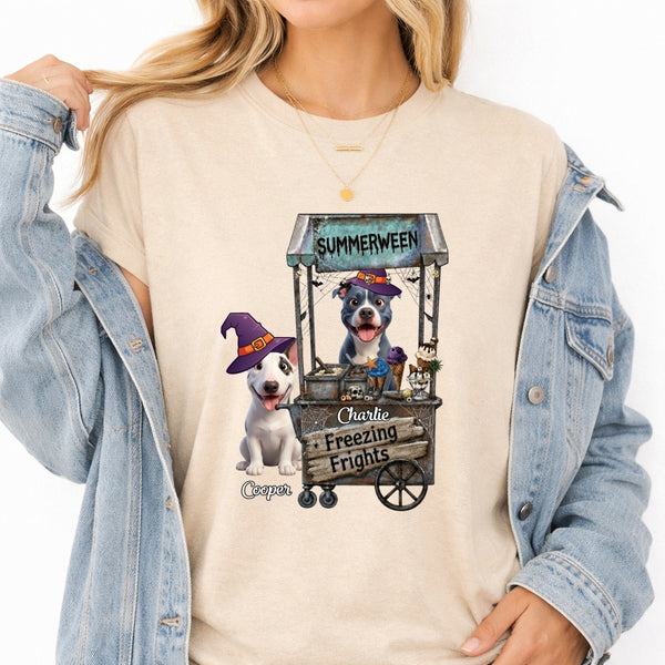 Custom Dogs Summerween Shirt, Cute Dogs In Witch Hats With Ice Cream Cart T-shirt for Dog Mom Dog Dad FSDM56