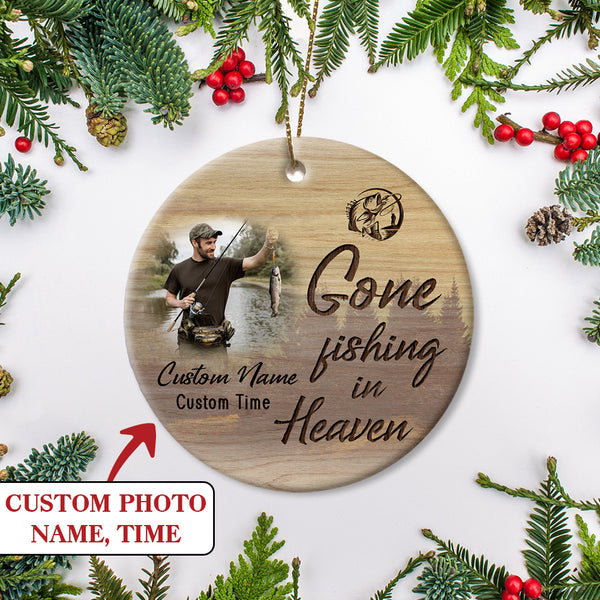 Personalized Memorial Ornament, Gone Fishing in Heaven, Sympathy Gift for Loss of Grandpa, Dad, Son on Christmas OMT18-9