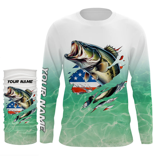 Bass Fishing American Flag Custom long sleeve performance Fishing Shirts, patriotic fishing gifts TTN65