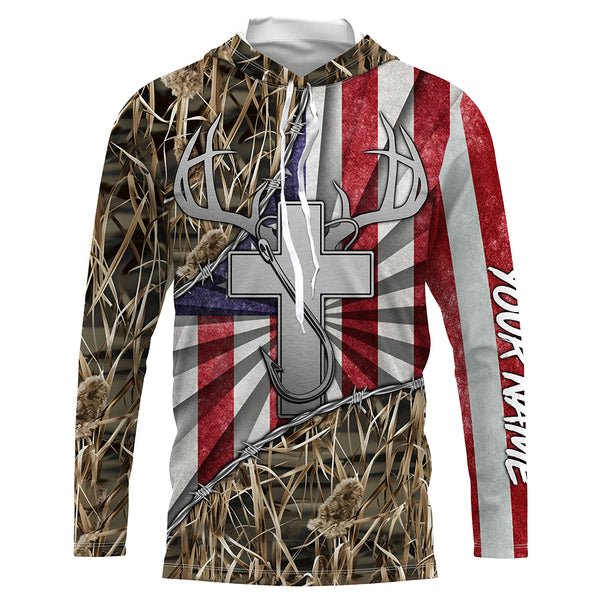 Fishing Hunting shirt Jesus lover American flag camo shirt custom name 3D All Over Printed Shirts TTN29