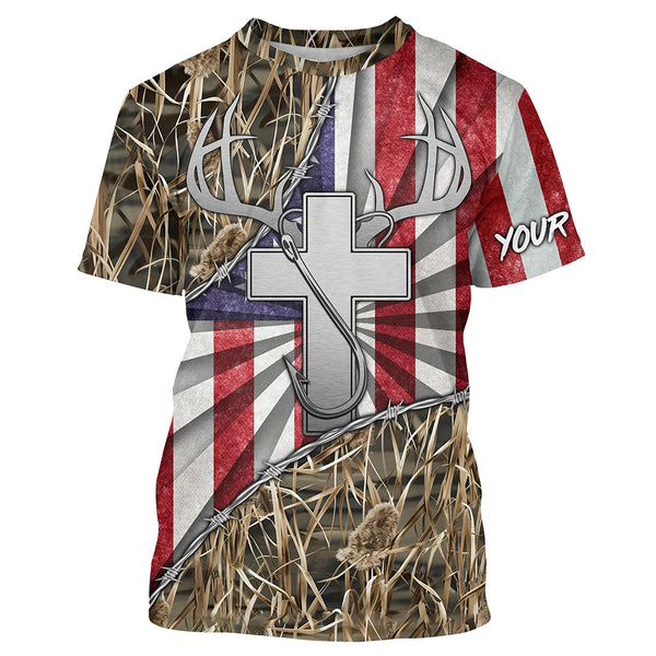 Fishing Hunting shirt Jesus lover American flag camo shirt custom name 3D All Over Printed Shirts TTN29