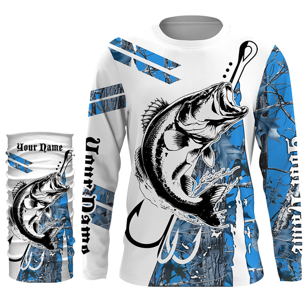 Fish Hook Bass Fishing Blue Camo Custom Long Sleeve Shirts, Personalized Bass Fishing Jerseys TTN112