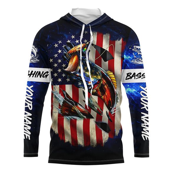 Bass Fishing 3D American Flag patriotic blue galaxy Custom long sleeve Fishing Shirts TTV20