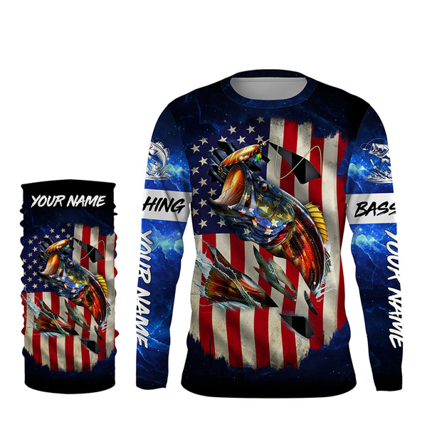 Bass Fishing 3D American Flag patriotic blue galaxy Custom long sleeve Fishing Shirts TTV20