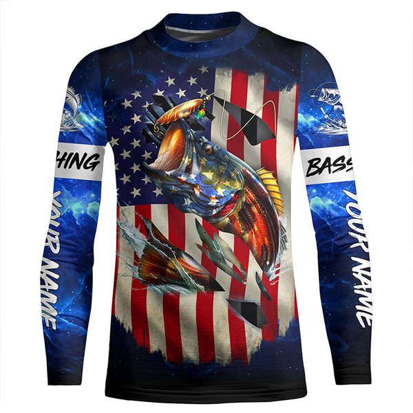 Bass Fishing 3D American Flag patriotic blue galaxy Custom long sleeve Fishing Shirts TTV20