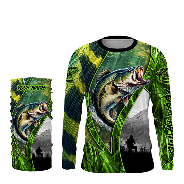 Bass fishing Green camo UV protection quick dry Customize name long sleeves fishing shirt TTV18