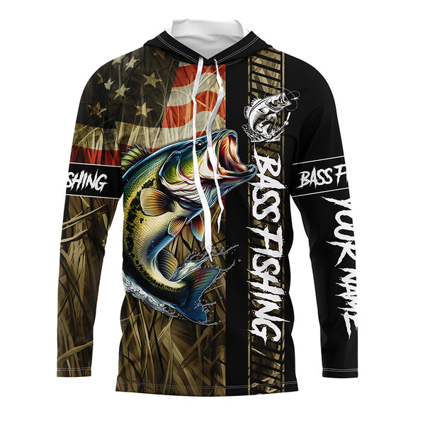 American Flag Bass fishing UV Customize name personalized long sleeves fishing shirts  TTV28