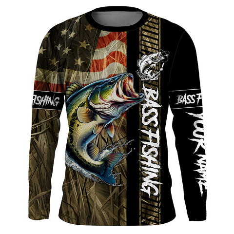 American Flag Bass fishing UV Customize name personalized long sleeves fishing shirts  TTV28