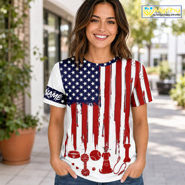 Personalized Dog Lover Shirt – American Flag 4th of July Tee | Custom Name Dog Mom Dad Gift