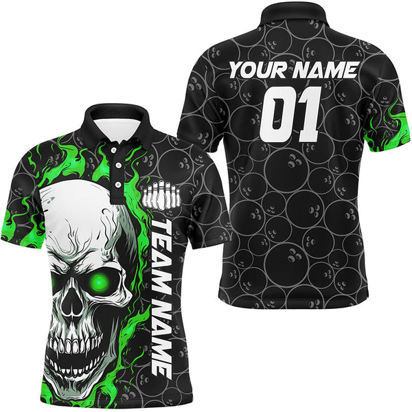 Custom Green Flame Skull Halloween Bowling Shirts For Men With Custom Name, Team Name, Number IPHW7102