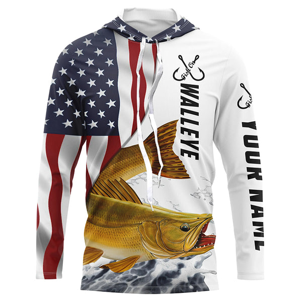 Walleye Fishing American Flag Custom Long Sleeve Fishing Shirts, Patriotic Fishing Jerseys IPHW4655
