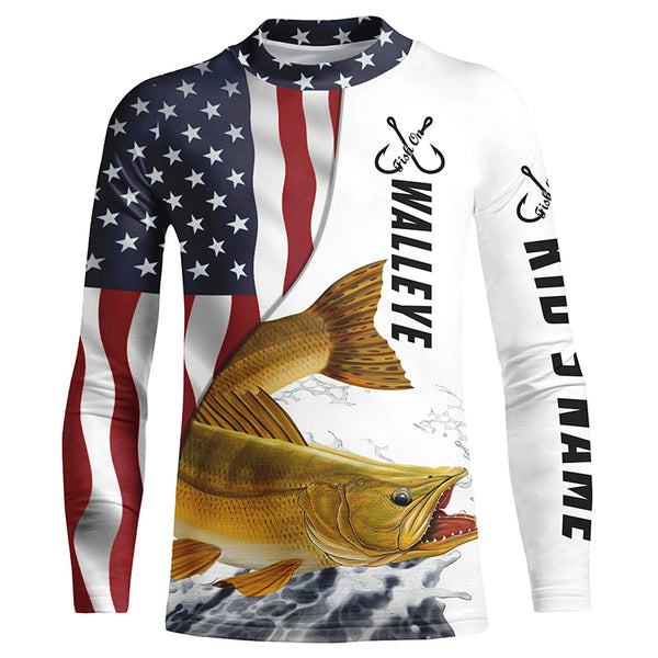 Walleye Fishing American Flag Custom Long Sleeve Fishing Shirts, Patriotic Fishing Jerseys IPHW4655