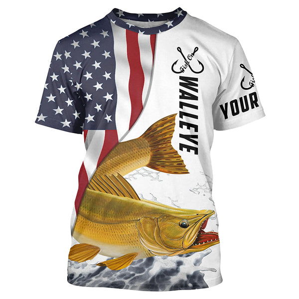 Walleye Fishing American Flag Custom Long Sleeve Fishing Shirts, Patriotic Fishing Jerseys IPHW4655