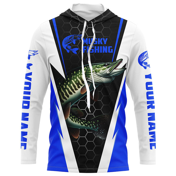 Personalized Musky Fishing Long Sleeve Tournament Fishing Shirts, Musky Fishing Jerseys |Blue IPHW6143