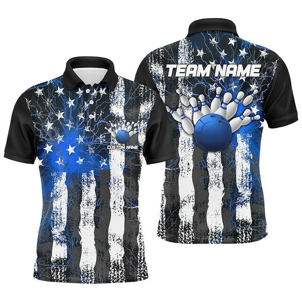 Blue Lightning American Flag Custom Unisex Bowling Team Jerseys, Patriotic Bowling Team Shirts IPHW6177