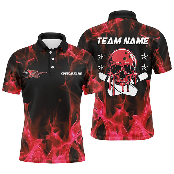 Custom Red Flame Skull Bowling Team Shirts, Bowling Polo/ Quarter-Zip Shirts For Men And Women IPHW6180