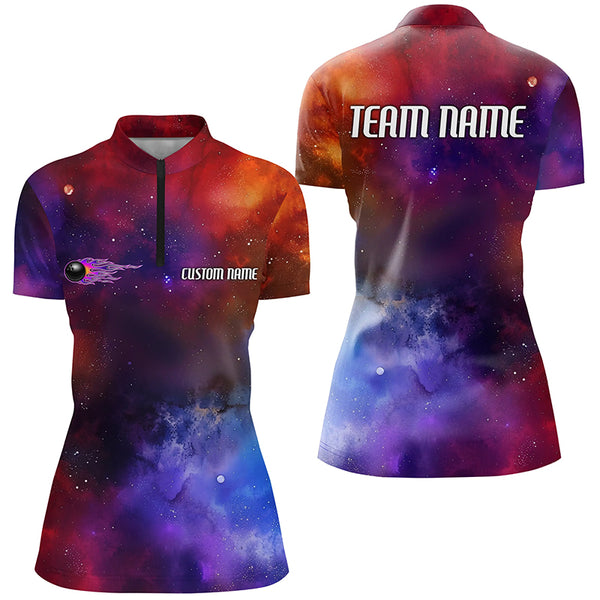 Galaxy Bowling Shirts For Women, Custom Name Flame Bowling Ball Team Jerseys IPHW6192