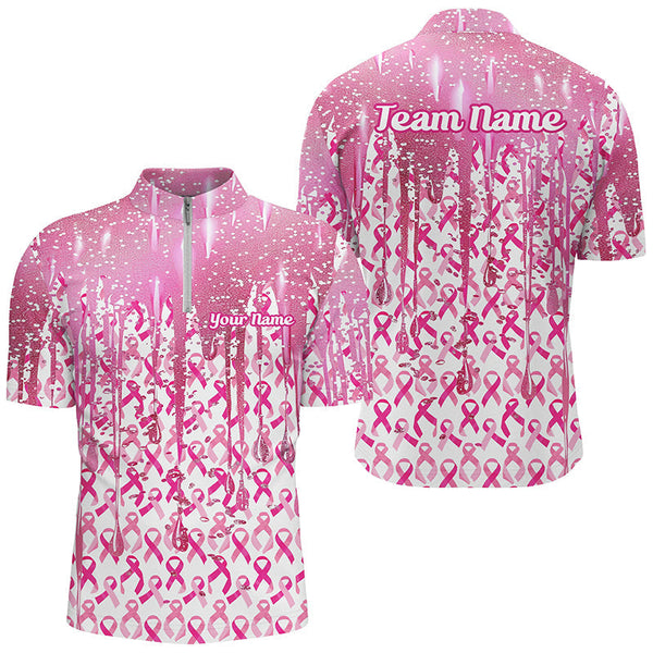 3D Pink Glitter Pink Ribbon Pattern Custom Breast Cancer Polo Shirts For Men And Women IPHW7050