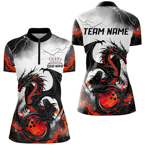 Black And Red Thunder Lightning Custom Dragon Ladies Bowling Shirts, Bowling League Shirts IPHW7063