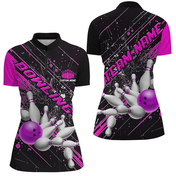 Pink Purple Strike Bowling Custom Team Shirts For Women, Bowling League Outfits For Bowler IPHW6337