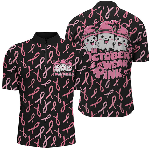Custom Cute Funny Halloween Breast Cancer Polo Shirts For Men "In October We Wear Pink" IPHW7125