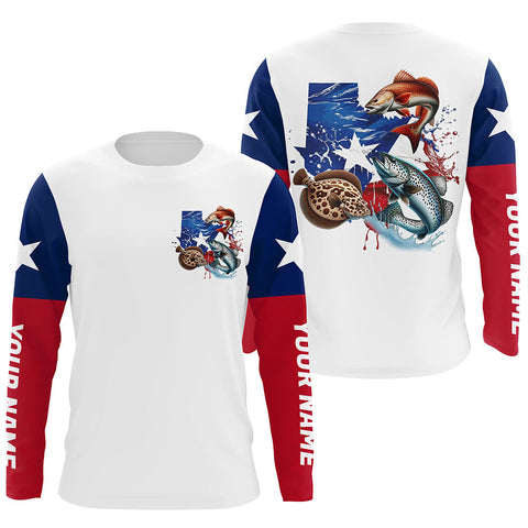 Personalized Texas Flag Fishing Shirts, Texas Slam Redfish Trout Flounder Long Sleeve Fishing Shirts IPHW7042