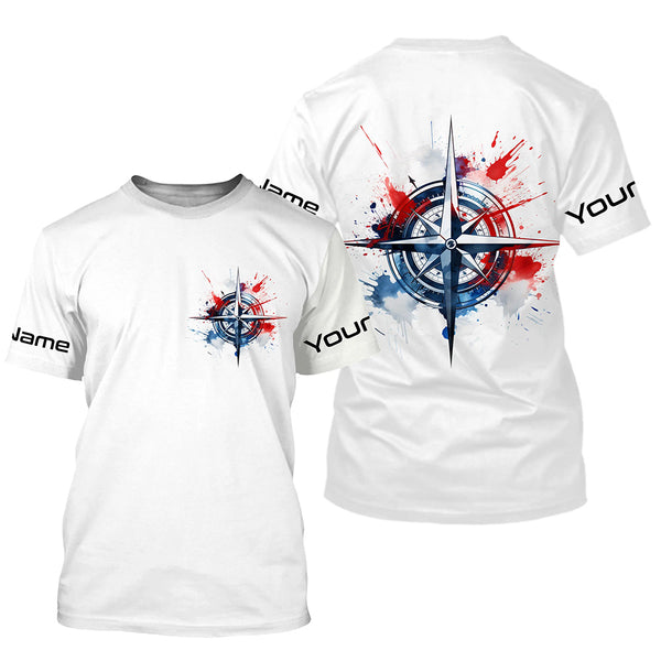 Red, White And Blue Compass Custom Performance Fishing Shirts, Patriotic Saltwater Fishing Shirts IPHW4948