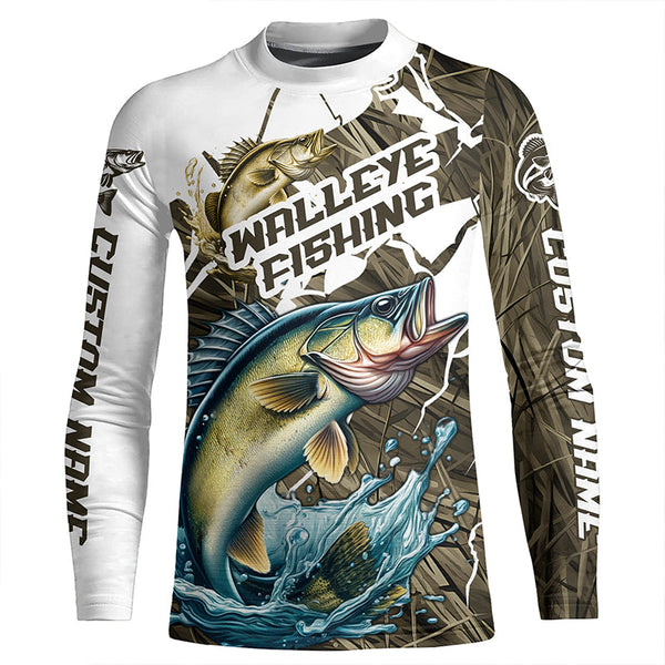 Custom Walleye Fishing Jerseys, Walleye Long Sleeve Fishing League Shirts | Grass Camo IPHW6362