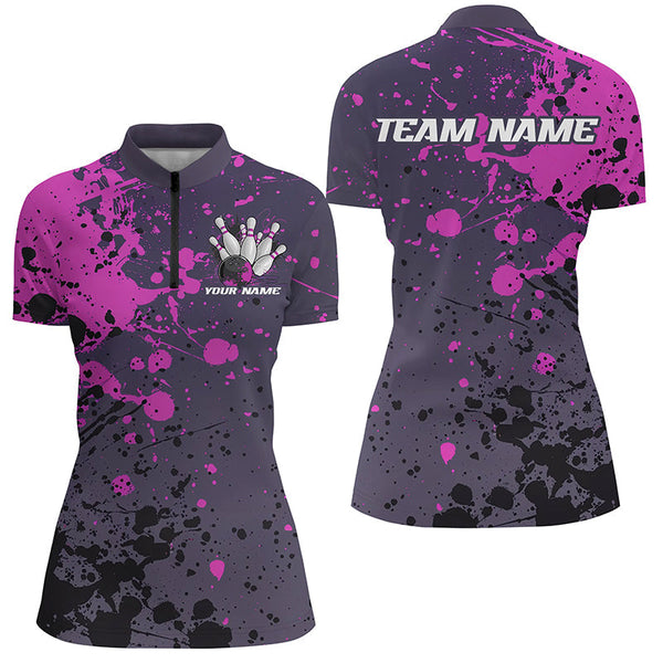 Custom Purple Splatter Ladies Bowling Polo Shirts, Custom Bowling Uniforms Bowling Jerseys IPHW7092