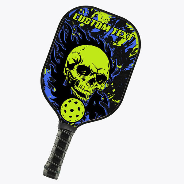Blue And Green Custom Pickleball Paddle, Flame Skull Pickleball Ball Paddles Halloween Pickleball Gifts IPHW7469
