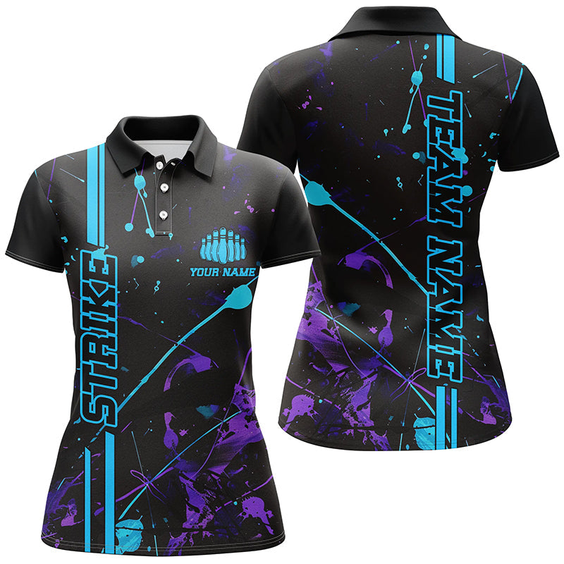 Custom Blue And Purple Strike Bowling Team Shirts, Camo Bowling League ladies Jerseys IPHW6427