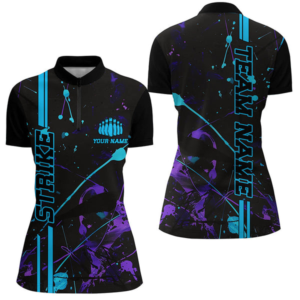 Custom Blue And Purple Strike Bowling Team Shirts, Camo Bowling League ladies Jerseys IPHW6427