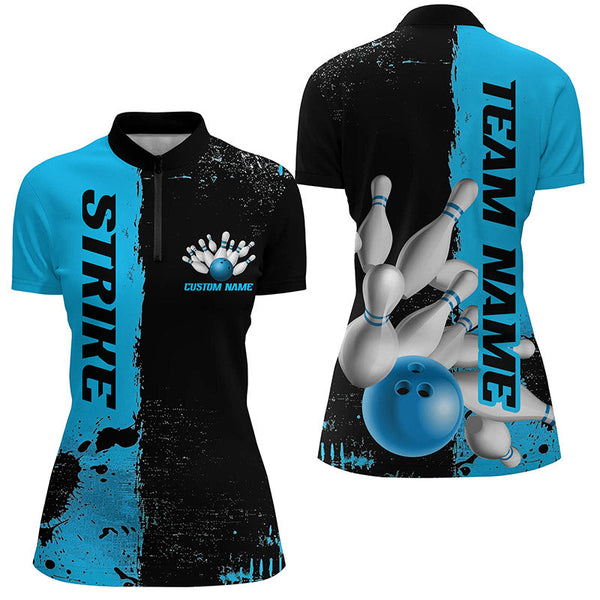 Black And Blue Strike Bowling Team Shirts For Women, Custom Bowling Jerseys For Bowlers IPHW6436
