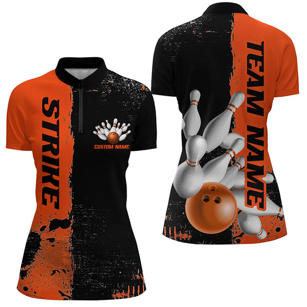 Black And Orange Strike Bowling Team Shirts For Women, Custom Bowling Jerseys For Bowlers IPHW6439