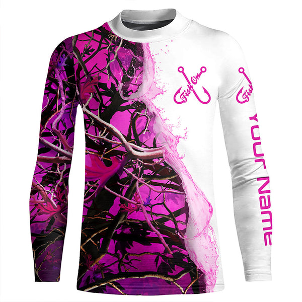 Fish On Pink Camo Custom Long Sleeve Performance Fishing Shirts,  Camo Fishing Jerseys IPHW4851