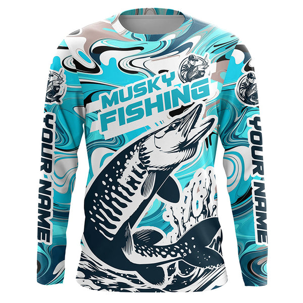 Custom Musky Long Sleeve Tournament Fishing Shirts, Water Camo Muskie Fishing Jerseys | Teal Blue IPHW6166