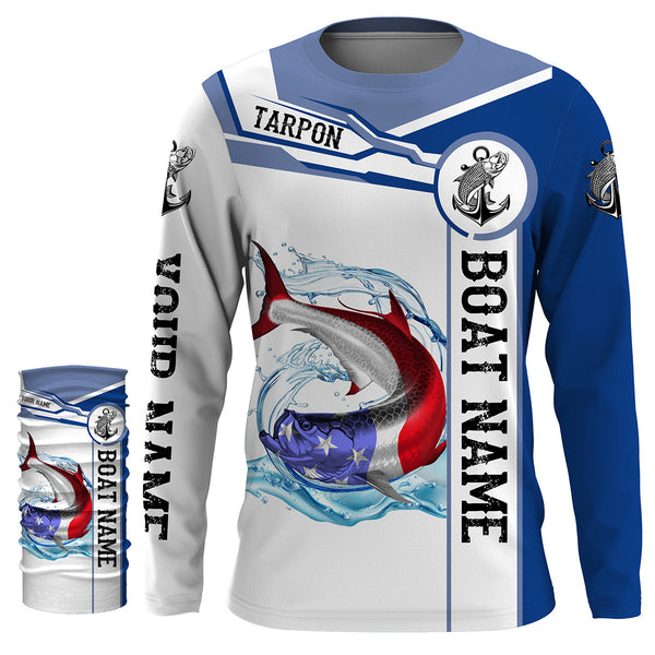 Tarpon Fishing American Flag Custom name and boat name performance Fishing Shirts, Patriotic Fishing gifts NQS2363