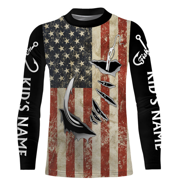 US Fishing Fish Hook American Flag patriotic UV protection custom long sleeves fishing apparel NQS1343