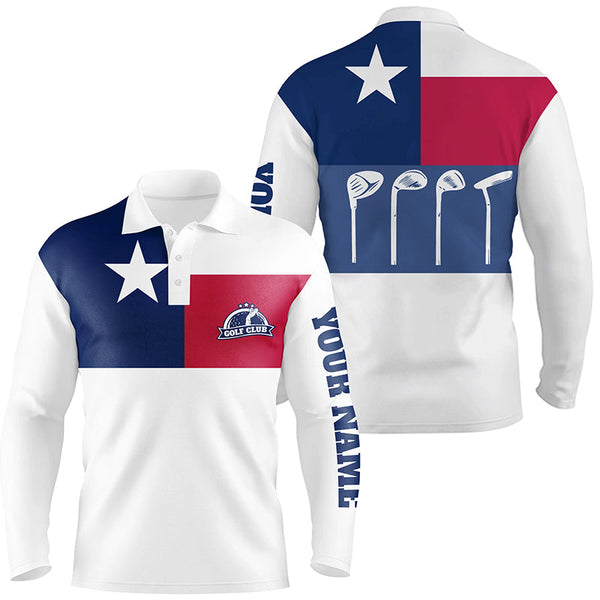Mens golf polo shirt golf club Texas flag patriot golf custom name white golf shirt, golfing gift NQS6189