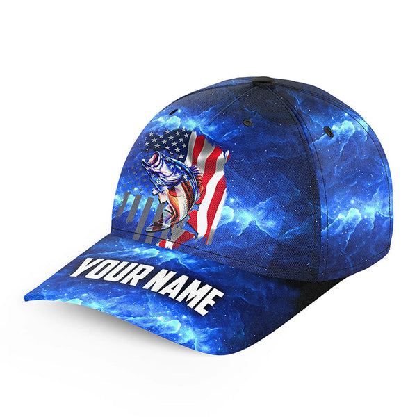 Bass Fishing American Flag patriotic blue galaxy Custom fishing hat  Unisex Fishing Baseball Angler hat NQS1715