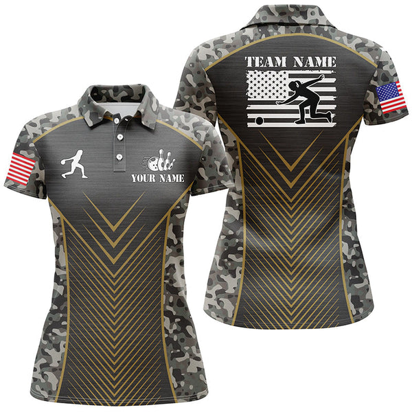 Womens Bowling Polo Shirts Custom green camo American flag team League Womens Jerseys NQS6702