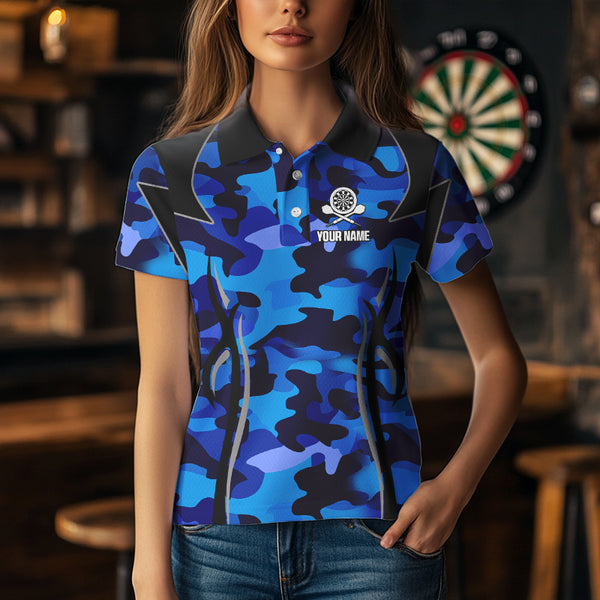Deer Skull Darts Board Blue Camo Darts Polo, Quarter zip Shirts For Women Custom Team Darts Jersey NQS9635