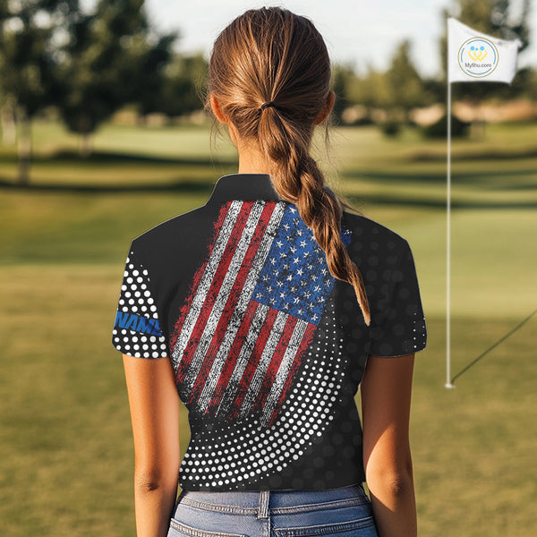 Personalized golf polo shirts for Women Vintage American Flag Custom patriotic golf tops for ladies NQS9835