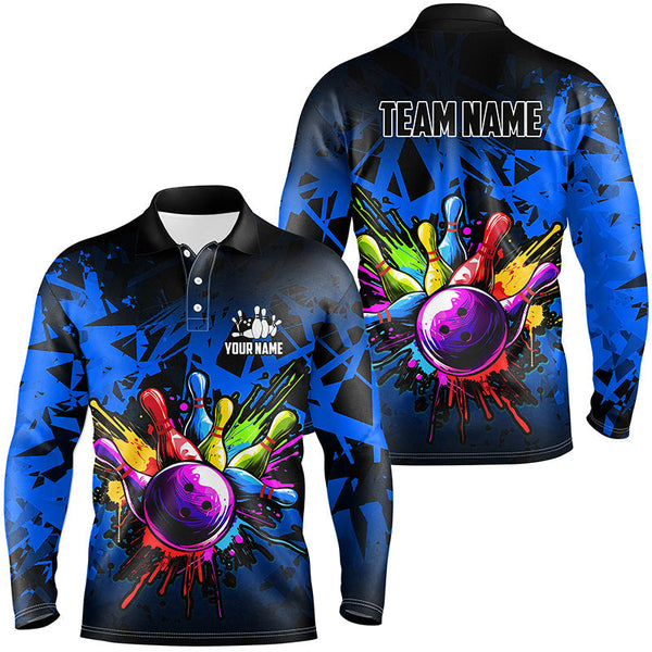 Colorful bowling jerseys Polo, 1/4 Zip Shirt for Men Custom Bowling Team shirts for bowler | Blue NQS8880