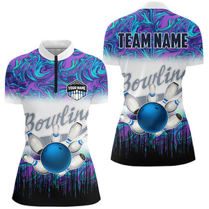 Womens Quarter Zip shirts Custom blue purple marble pattern bowling Team Jerseys, gift for bowlers NQS7141